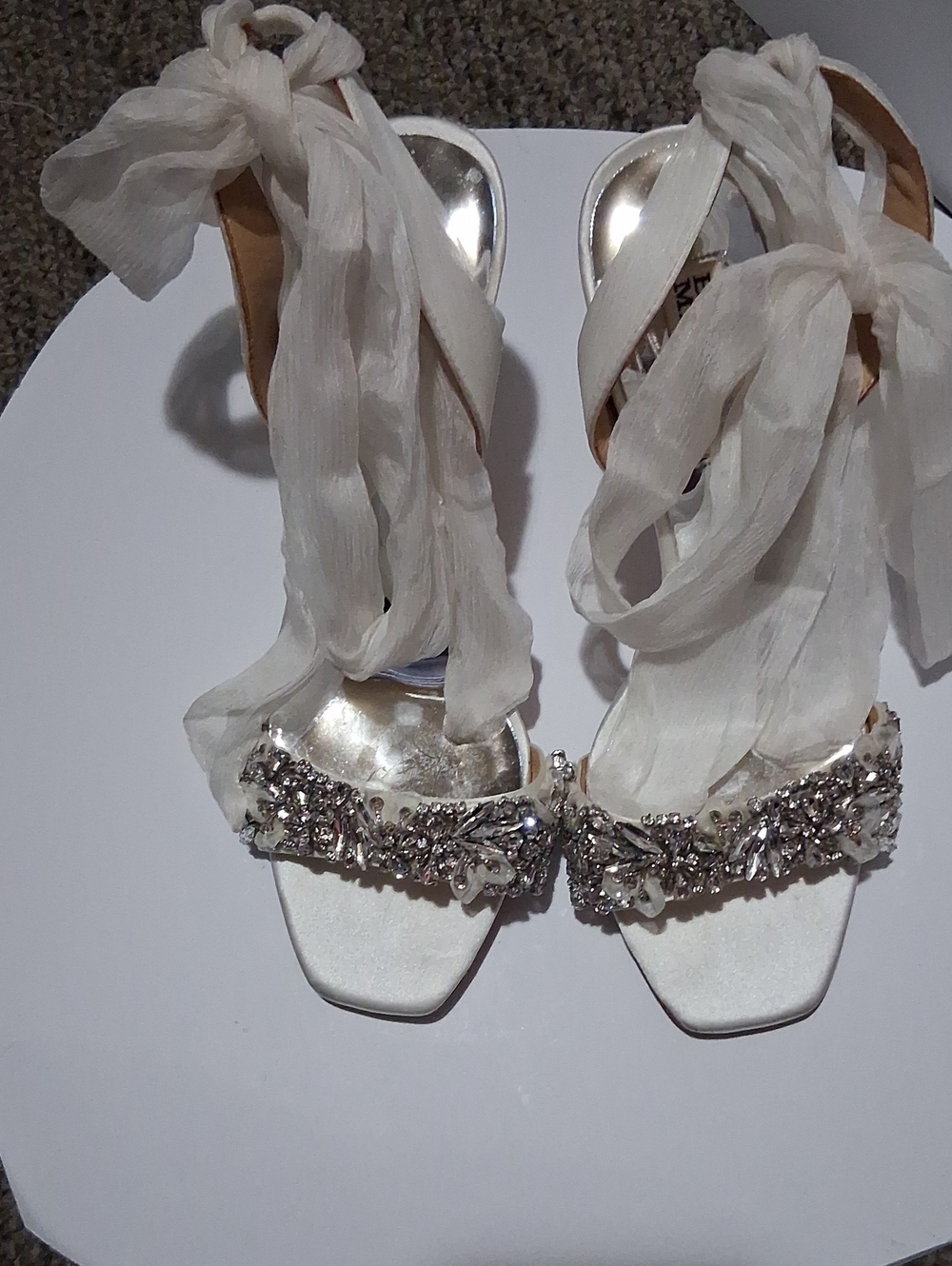 Badgley Mischka Ivory Satin Crystal-Embellished Tie-Ankle Heels